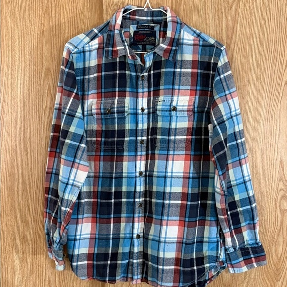 Old Navy Tops - Old Navy Blue and Peach Flannel Plaid Button Down Shirt